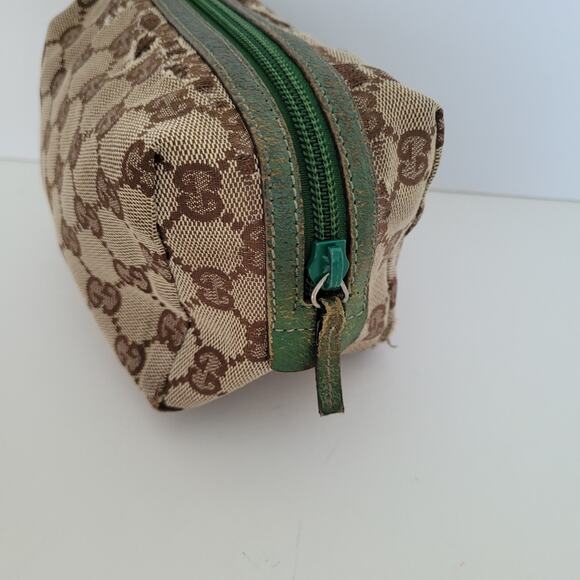 Gucci Logo Vintage Pouch Bag Clutch Zip Small Canvas Leather Beige Green Fair - Picture 8 of 11